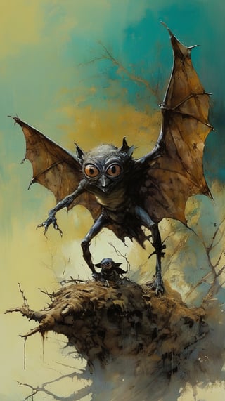 art by ralph steadman, art by brom, art by simon bisley, a masterpiece, ahighly detaikled, a star wars crearure, big boggly eyes, small dark pupil, bat like ears, short fluffy skin and fur, cling to a branch with small black scaley hands, sigma 1000 mm lens, f2.8, eyes in focus, 