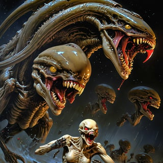 art by Masamune Shirow, art by J.C. Leyendecker, a masterpiece, stunning beauty, hyper-realistic oil painting, vibrant colors, a xenomorph, dark chiarascuro lighting, dripping blood and sweat, messed up, battling human troopers, a telephoto shot, 1000mm lens, f2,8, ,horror,dark theme