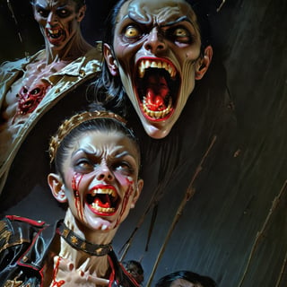 art by Masamune Shirow, art by J.C. Leyendecker, a masterpiece, stunning beauty, hyper-realistic oil painting, vibrant colors, a vampire , dark chiarascuro lighting, dripping blood and sweat, messed up, battling humans, a telephoto shot, 1000mm lens, f2,8, ,horror,Vogue