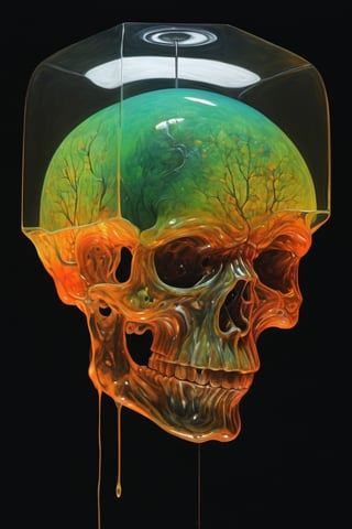 art by yashitomo nara, a translucent rein epoxy filled cube shaped head, stunning beauty, hyper-realistic oil painting, vibrant colors, dark chiarascuro lighting, a telephoto shot, 1000mm lens, f2,8,Vogue,more detail XL