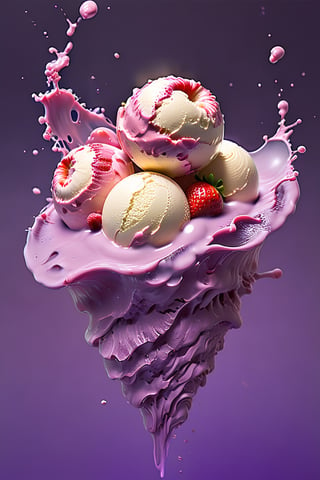 an extreme close up, macro photograph of strawberry ice cream with milk cream, in a stylish modern glass, ice cubes, worms, bugs, creepy crawlies, fingers pieces, nuts, mint leaves, splashing milk cream, in a gradient purple background, fluid motion, dynamic movement, cinematic lighting, Mysterious, golden ratio, fake detail, trending pixiv fanbox, acrylic palette knife, style of makoto shinkai studio ghibli genshin impact james gilleard greg rutkowski chiho aoshima,digital artwork by Beksinski,action shot