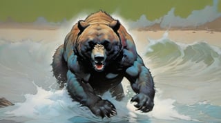 bear running at viewer, in water, Horror Comics style, art by brom, tattoo by ed hardy, shaved hair, neck tattoos andy warhol, heavily muscled, biceps,glam gore, horror, blue bear, demonic, hell visions, demonic women, military poster style, chequer board, vogue bear portrait, Horror Comics style, art by brom, smiling, lennon sun glasses, punk hairdo, tattoo by ed hardy, shaved hair, neck tattoos by andy warhol, heavily muscled, biceps, glam gore, horror, poster style, 