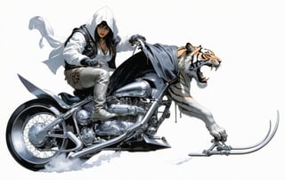 art by Masamune Shirow, art by J.C. Leyendecker, art by boris vallejo, art by brom, art by simon bisley, a masterpiece, a ghostrider, riding a hells harley bike sled, tiger fashioned fuel container, ape hanger handlebars, wearing a hooded cloak, 