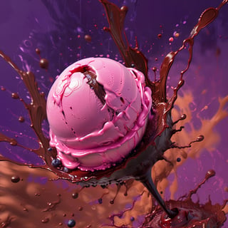 an extreme close up, macro photograph of strawberry ice cream with cherry cream, ice cubes, maraschino cherries, blueberries, dark chocolate sauce, nuts, mint leaves, splashing dark chocolate sauce, in a gradient purple background, fluid motion, dynamic movement, cinematic lighting, Mysterious, golden ratio, acrylic palette knife, style of makoto shinkai studio ghibli genshin impact james gilleard greg rutkowski chiho aoshima,digital artwork by Beksinski,action shot,