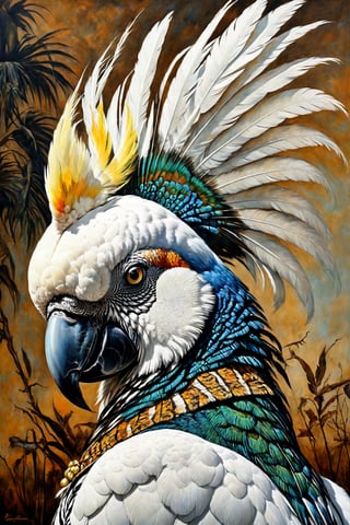 peacocks, zebra stripes,white cockatoo, baroque style, art by sergio toppi, art design by sergio toppi, military poster style, ,more detail XL,close up,Oil painting, 8k, highly detailed, in the style of esao andrews, a clse up oil portrait of a beautiful group of birds, 