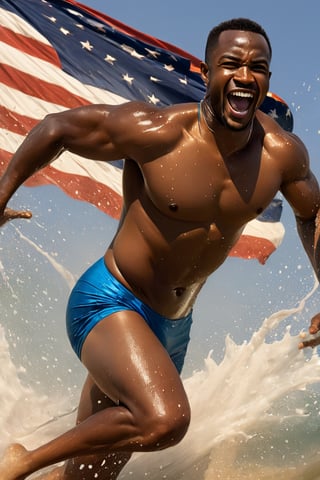 a mid section body shot photograph of a happy African American man, wearing a Speedos, beach seawater running down his body, splashing seawater, very large American flag background, fluid motion, dynamic movement, cinematic lighting, palette knife, brown nipples, digital artwork by Beksinski,action shot,sweetscape, art by Klimt, airbrush art, ,photo r3al,ice and water,close up,Movie Poster