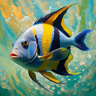 a tropical angel fish, very colourful, green face, underwater, seaweed, aqua water, Colourful cat ,