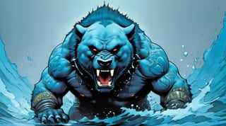 bear running at viewer, in water, Horror Comics style, art by brom, tattoo by ed hardy, shaved hair, neck tattoos andy warhol, heavily muscled, biceps,glam gore, horror, blue bear, demonic, hell visions, demonic women, military poster style, chequer board, vogue bear portrait, Horror Comics style, art by brom, smiling, lennon sun glasses, punk hairdo, tattoo by ed hardy, shaved hair, neck tattoos by andy warhol, heavily muscled, biceps, glam gore, horror, poster style, 