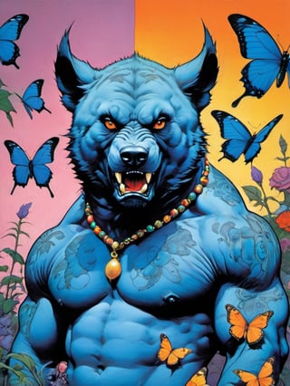 Blue bear growling, howling at the moon, Horror Comics style, art by brom, tattoo by ed hardy, shaved hair, neck tattoos andy warhol, heavily muscled, biceps,glam gore, horror, blue bear, demonic, hell visions, demonic women, military poster style, chequer board, vogue bear portrait, Horror Comics style, art by brom, smiling, lennon sun glasses, punk hairdo, tattoo by ed hardy, shaved hair, neck tattoos by andy warhol, heavily muscled, biceps, glam gore, horror, poster style, flower garden, Easter eggs, coloured foil, oversized monarch butterflies, tropical fish, flower garden,