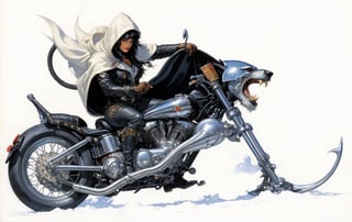 art by Masamune Shirow, art by J.C. Leyendecker, art by boris vallejo, art by brom, art by simon bisley, a masterpiece, a dude riding a hells harleydavidson, a hotted up sexy bike sled, a chrome wolf head styled fuel container, ape hanger handlebars, wearing a hooded cloak, looking fucking cool, 