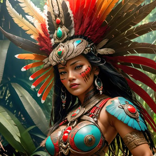 outpainting, a middle aged tribal women predator combination, centred,in the style of boris vallejo, frank frazetta, bright contrasting colours, blank stare, ,cinematic,movie still,wide shot, feathered headdress, tribal facial tattoos ,breastclamp, wide shot, a middle aged tribal women, centred,in the style of Steve bisley, bright contrasting colours, blank stare, ,cinematic,movie still,wide shot, multi feathered headdress, facial tattoos ,breastclamp, tiger skin sash between her legs, multiple red blood stains on her upper torso, sunlit, misty, green jungle foliage amongst mayan ruins