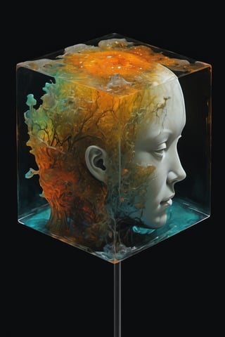 art by yashitomo nara, a transparent epoxy  resin cube shaped head, stunning beauty, hyper-realistic oil painting, vibrant colors, dark chiarascuro lighting, a telephoto shot, 1000mm lens, f2,8,Vogue,more detail XL