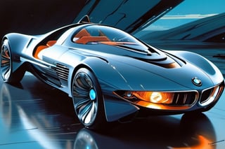 a futuristic bmw concept car, art by glen keane, wide wheels, glass roof, leds, aerodynamic,  art by john Berkey, art by chris foss, art by frank frazetta, 