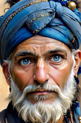 art by john singer sargent, art my monet, art by Ivana Besevic, art by Mia Bergeron, lighting style by rembrandt, an oil painting portrait,  close cropped, face only, an old indian mans face, wearing a blue turban decorated with res baubles, , very detailed straggly beard,detail in hair, detail in the eyes, detail in the hair and beard, focus on the eyes, piercing bright eyes, very detailed eyes, looking away inyo the distance, ,ebonygold
