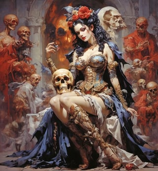 art by Masamune Shirow, art by J.C. Leyendecker, art by boris vallejo, a masterpiece, hyper-realistic oil painting, vibrant colors, Horror Comics style, art by brom, tattoo by ed hardy, a woman with half a skull face and half a human face, horror, dark chiarascuro lighting, a telephoto shot, 1000mm lens, f2,8 , , illustration,  ,perfecteyes,