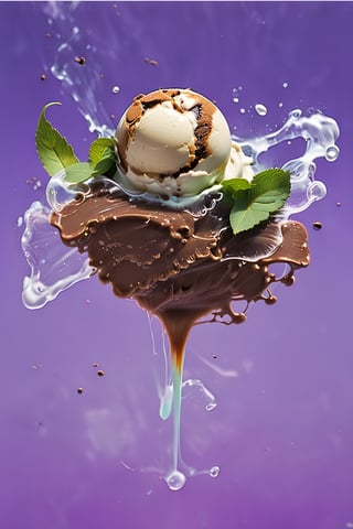 an extreme close up, macro photograph of chocolate chip mint ice cream with mint cream, in a stylish modern glass, ice cubes, nuts, large mint leaves, splashing mint cream, in a gradient purple background, fluid motion, dynamic movement, cinematic lighting, Mysterious, golden ratio, fake detail, trending pixiv fanbox, acrylic palette knife, style of makoto shinkai studio ghibli genshin impact james gilleard greg rutkowski chiho aoshima,digital artwork by Beksinski,action shot