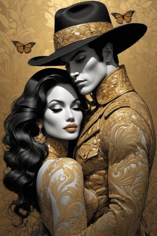 vogue cover art, black n white and gold kiss,  Horror Comics style, art by Klimt , art by glen Keane, smiling, gold transparent aviator sunglasses, fedora hat, heavily muscled, biceps, glam gore, horror, poster style, flower garden, ((Easter eggs, oversized monarch butterflies, tropical fish, flower garden))