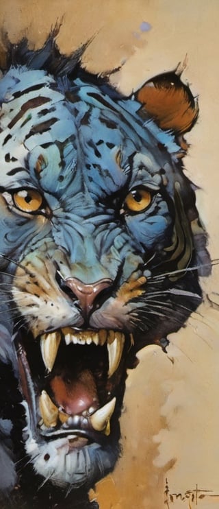 a close up painting, an oil portrait, a masterpiece , a snarling leopard, leopard spots with zebra stripes on its face, art by Sargent, art by frazetta, 