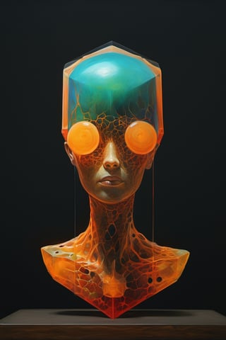 art by yashitomo nara, (((a woman with a cube shaped head))), stunning beauty, hyper-realistic oil, vibrant colors, dark chiarascuro lighting, a telephoto shot, 1000mm lens, f2,8, ,p3rfect boobs,Vogue,more detail XL