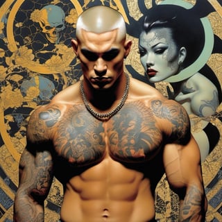 A Man, Horror Comics style, art by brom, tattoo by ed hardy, shaved hair, neck tattoos andy warhol, heavily muscled, biceps,glam gore, horror, demonic, hell visions, demonic women, military poster style, asian art, chequer board,retropunk style, mandlebrot fractal patterns, 