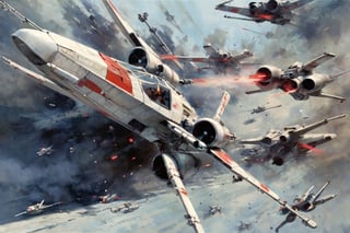 art by john berkey, a masterpiece, stunning detail, a rebellion X-Wing flying along the death start trenches being chased by tie fighters, firing red laser missiles, high speed blur, action shot, 