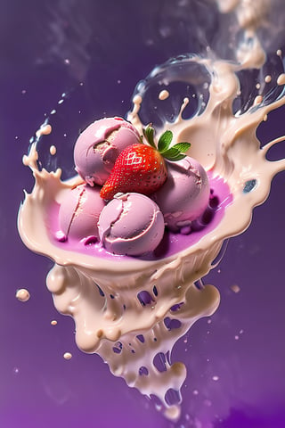 an extreme close up, macro photograph of strawberry ice cream with milk cream, in a stylish modern glass, ice cubes, nuts, mint leaves, splashing milk cream, in a gradient purple background, fluid motion, dynamic movement, cinematic lighting, Mysterious, golden ratio, fake detail, trending pixiv fanbox, acrylic palette knife, style of makoto shinkai studio ghibli genshin impact james gilleard greg rutkowski chiho aoshima,digital artwork by Beksinski,action shot