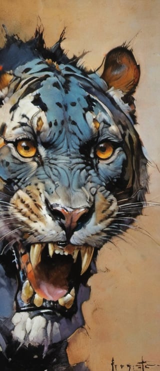 a close up painting, an oil portrait, a masterpiece , a snarling leopard, leopard spots with zebra stripes on its face, art by Sargent, art by frazetta, 