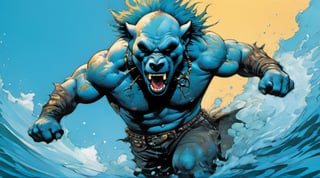 bear running at viewer, in water, Horror Comics style, art by brom, tattoo by ed hardy, shaved hair, neck tattoos andy warhol, heavily muscled, biceps,glam gore, horror, blue bear, demonic, hell visions, demonic women, military poster style, chequer board, vogue bear portrait, Horror Comics style, art by brom, smiling, lennon sun glasses, punk hairdo, tattoo by ed hardy, shaved hair, neck tattoos by andy warhol, heavily muscled, biceps, glam gore, horror, poster style, ,action shot