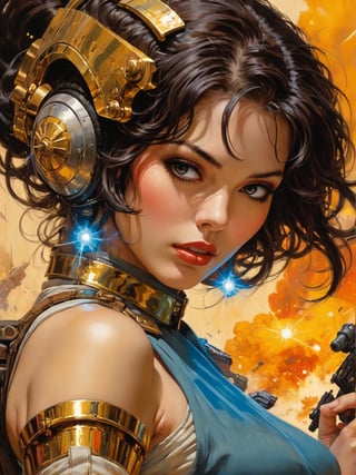 art by Masamune Shirow, art by J.C. Leyendecker, art by boris vallejo, art by gustav klimt, art by simon bisley, a masterpiece, stunning beauty, hyper-realistic oil painting, a star wars movie poster, a female empire general, blaster in hand, amongst a battle, explosions, shrapnel,  ,action shot,perfecteyes