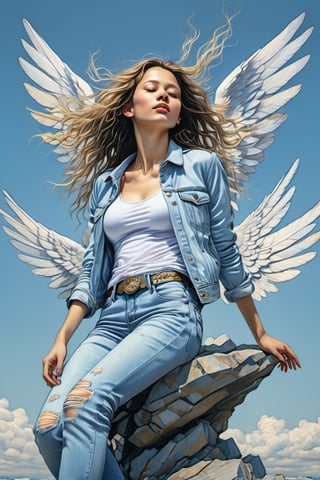 an oil painting, a masterpiece, an angel, sitting on a rock, she is wearing jeans and a bra top, wings stretching out high above her, birds flying high above her, plain blue sky,  painterly feel, pale blue sky, rocky ground, hi res, 8 k, art by  TavitaNiko, art by Vallejo, art by Klimt , Leonardo Style, more detail XL, ,close up,action shot