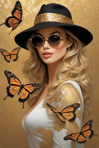 vogue cover art, black n white and gold kiss,  Horror Comics style, art by Klimt , art by glen Keane, smiling, gold transparent aviator sunglasses, fedora hat, heavily muscled, biceps, glam gore, horror, poster style, flower garden, ((Easter eggs, oversized monarch butterflies, tropical fish, flower garden))