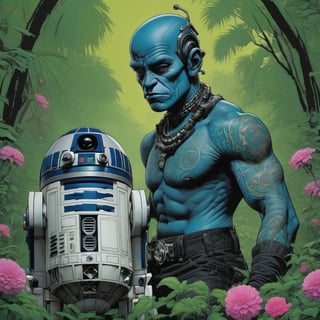 r2d2 , Horror Comics style, art by brom, smiling people, poking tongue at viewer, lennon sunglasses, punk hairdo, tattoo by ed hardy, shaved hair, neck tattoos by andy warhol, heavily muscled, biceps, glam gore, horror, poster style, flower garden, 