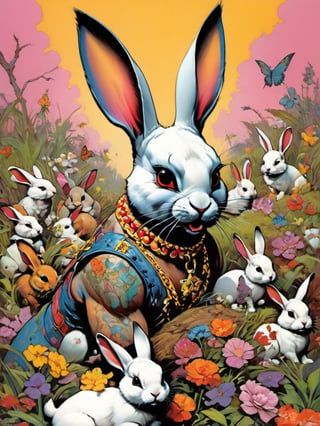 white rabbit with many baby rabbits, Easter theme, art by brom, tattoo by ed hardy, shaved hair, neck tattoos andy warhol, heavily muscled, biceps,glam gore, horror, white rabbit, rabbit hole,  demonic, hell visions, demonic women, military poster style, chequer board, vogue easter bunny portrait, Horror Comics style, art by brom, smiling, tongue out, poking tongue at viewer, lennon sunglasses, rabbit ears, rabbit nose, rabbit fur, punk hairdo, tattoo by ed hardy, shaved hair, playboy bunny outfit, bunny tail, neck tattoos by andy warhol, heavily muscled, biceps, glam gore, horror, poster style, flower garden, Easter eggs, coloured foil, oversized monarch butterflies, flower garden,