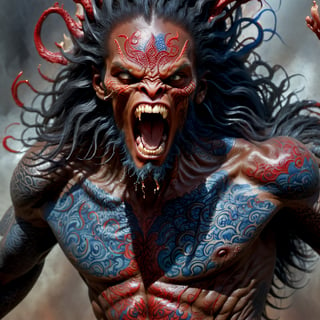 very close up of the mans face, a sexy black african mans arm and shoulder, man is staring screaming at the viewer, raging, long hair, the arm and shoulder are covered in a very detailed intricate red and blue dragon tattoo that is protruding outfrom the skin, coming alive, its screaming, scratching, similar to dragon tattoo by Boris Vallejo, slowly you see the small dragon tattoo in parts is coming out of the skin and becoming a real version of the tattoo, sticking out, scales, extended claws, spit, spittle, blood drops, 16K, movie still, cinematic, ,omatsuri,DonMn1ghtm4reXL,flmngprsn