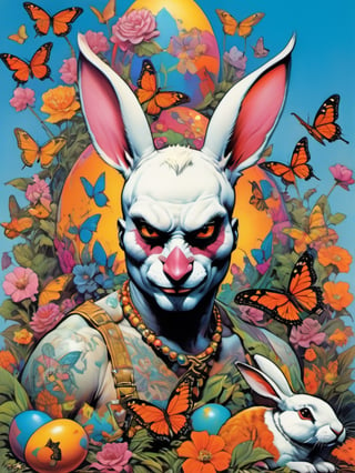 white rabbit with many baby rabbits, Easter theme, art by brom, tattoo by ed hardy, shaved hair, neck tattoos andy warhol, heavily muscled, biceps,glam gore, horror, white rabbit, rabbit hole,  demonic, hell visions, demonic women, military poster style, chequer board, vogue easter bunny portrait, Horror Comics style, art by brom, smiling, tongue out, poking tongue at viewer, lennon sunglasses, rabbit ears, rabbit nose, rabbit fur, punk hairdo, tattoo by ed hardy, shaved hair, playboy bunny outfit, bunny tail, neck tattoos by andy warhol, heavily muscled, biceps, glam gore, horror, poster style, flower garden, Easter eggs, coloured foil, oversized monarch butterflies, tropical fish, flower garden,