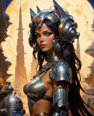 art by Masamune Shirow, art by J.C. Leyendecker, art by boris vallejo, art by gustav klimt, art by simon bisley, a masterpiece, stunning beauty, hyper-realistic oil painting, a galactic scene, Ahsoka Tano, combined with Robby the Robot, 