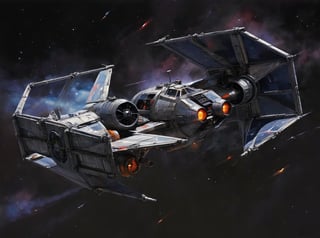 art by john berkey, art by simon bisley, art by ralph steadman, a masterpiece, stunning detail, empire tie-fighter flying through the galaxy at great speed, 