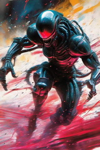 art by glen keane, painting, acrylic block, vibrant colors, a xenomorph, dark chiarascuro lighting, dripping blood and sweat, messed up, battling human troopers,action shot