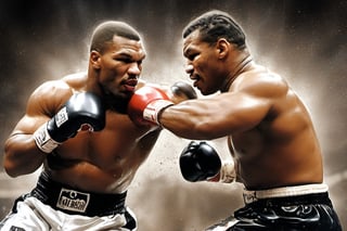 Mike Tyson , in a boxing ring at madison square gardens, close up portrait shot of two fighters punching each other, full force, full impast, blood, contrast, sweat, knocking out with an uppercut punch, stipple, crosshatching, 5 colour monochromatic, heavily muscled, biceps, bright contrasting colours, stipple, black n white, ,action shot