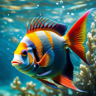 a tropical angel fish, very colourful, red tipped fins, underwater, seaweed, aqua water, Colourful cat ,