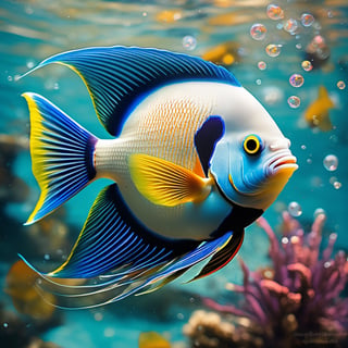 a tropical angel fish, very colourful, underwater, bubbles, seaweed, aqua water, Colourful cat ,