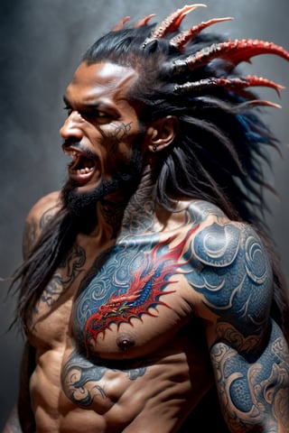 An sexy black african mans arm and shoulder, telephoto lens shot, man is staring at the viewer, raging, long hair, the arm and shoulder are  covered in a very detailed intricate red and blue dragon tattoo that is protruding outfrom the skin, coming alive, its screaming, scratching, similar to dragon tattoo by Boris Vallejo, slowly you see the small dragon tattoo in parts is coming out of the skin and becoming a real version of the tattoo, sticking out, scales, extended claws, 16K, movie still, cinematic, ,omatsuri