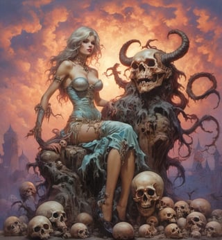 art by Masamune Shirow, art by J.C. Leyendecker, art by boris vallejo, a masterpiece, hyper-realistic oil painting, vibrant colors, Horror Comics style, art by brom, tattoo by ed hardy, a woman with half a skull face and half a human face, horror, dark chiarascuro lighting, a telephoto shot, 1000mm lens, f2,8 , , illustration,  ,perfecteyes,