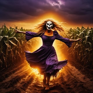 Feet to head full body action shot, Pumpkin girl scarecrow, long stringy wet hair, angry pumpkin face, reaching out from the cornfield to terrify the viewer, hi res, photorealistic, 35 mm canon, slow shutter speed, dark dramatic purple sky, lightening ,Monster,HellAI,oni style,Devasted landscape ,Leonardo Style,EpicSky