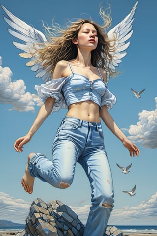 an oil painting, a masterpiece, an angel, sitting on a rock, she is wearing jeans and a bra top, wings stretching out high above her, birds flying high above her, plain blue sky,  painterly feel, pale blue sky, rocky ground, hi res, 8 k, art by  TavitaNiko, art by Vallejo, art by Klimt , Leonardo Style, more detail XL, ,close up,action shot