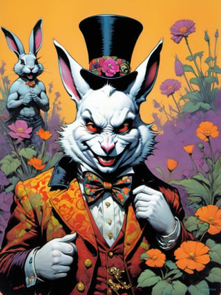 white rabbit with many baby rabbits, Easter theme, Horror Comics style, art by brom, tattoo by ed hardy, shaved hair, neck tattoos andy warhol, mad hatter top hat, heavily muscled, biceps,glam gore, horror, white rabbit, rabbit hole,  demonic, hell visions, demonic women, military poster style, chequer board, vogue easter bunny portrait, Horror Comics style, art by brom, smiling, tongue out, poking tongue at viewer, lennon sunglasses, rabbit ears, rabbit nose, rabbit fur, punk hairdo, tattoo by ed hardy, shaved hair, playboy bunny outfit, bunny tail, neck tattoos by andy warhol, heavily muscled, biceps, glam gore, horror, poster style, flower garden, Easter eggs, coloured foil, oversized monarch butterflies, tropical fish, flower garden,