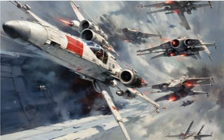 art by john berkey, a masterpiece, stunning detail, a rebellion X-Wing flying along the death start trenches being chased by tie fighters, firing red laser missiles, high speed blur, action shot, 