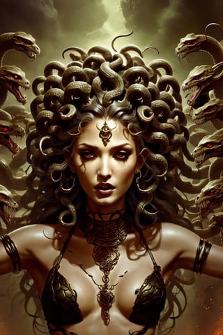 Generate a captivating digital artwork of Medusa with an abundance of snake heads adorning her head. Craft a scene that vividly showcases Medusa's captivating and eerie allure, highlighting the multitude of snake heads entwined in her hair. Utilize your artistic talents to bring to life the mythical character, Medusa, with a profusion of snake heads, each imbued with unique details and expressions. Create an image that captures the essence of this mythological figure, where the sheer number of snake heads adds to the sense of both fascination and fear.