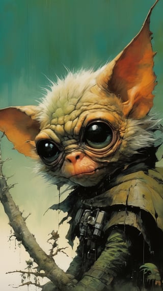 art by ralph steadman, art by brom, art by simon bisley, a masterpiece, ahighly detaikled, a star wars crearure, big boggly eyes, small dark pupil, bat like ears, short fluffy skin and fur, cling to a branch with small black scaley hands, sigma 1000 mm lens, f2.8, eyes in focus, 