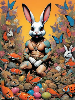 white rabbit with many baby rabbits, Easter theme, art by brom, tattoo by ed hardy, shaved hair, neck tattoos andy warhol, heavily muscled, biceps,glam gore, horror, white rabbit, rabbit hole,  demonic, hell visions, demonic women, military poster style, chequer board, vogue easter bunny portrait, Horror Comics style, art by brom, smiling, tongue out, poking tongue at viewer, lennon sunglasses, rabbit ears, rabbit nose, rabbit fur, punk hairdo, tattoo by ed hardy, shaved hair, playboy bunny outfit, bunny tail, neck tattoos by andy warhol, heavily muscled, biceps, glam gore, horror, poster style, flower garden, Easter eggs, coloured foil, oversized monarch butterflies, tropical fish, flower garden,